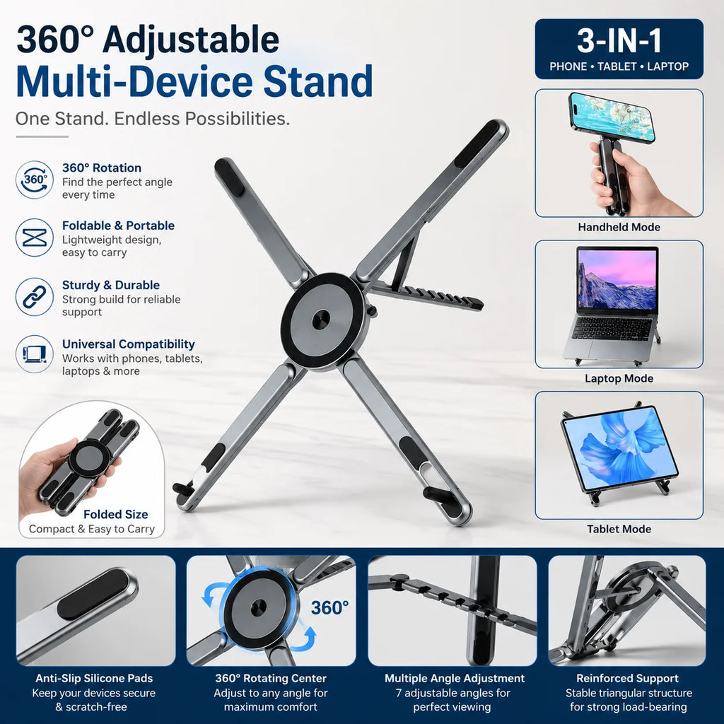 360° Multi-Device Folding Stand – Laptop, Tablet & Phone Holder